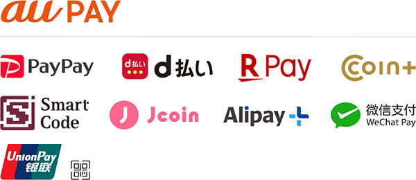 auPAY,PayPay,d払い,RPay,coin＋,SmartCode,Jcoin,Alipay,微信支付WeChat Pay,UnionPay銀聯