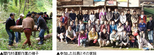 左写真: 間伐材運搬作業の様子 右写真: 参加した社員とその家族