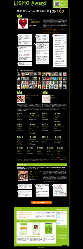写真: 「LISMO Award 2011年もっともよく聴かれた曲TOP100」特設サイトイメージ (PC)