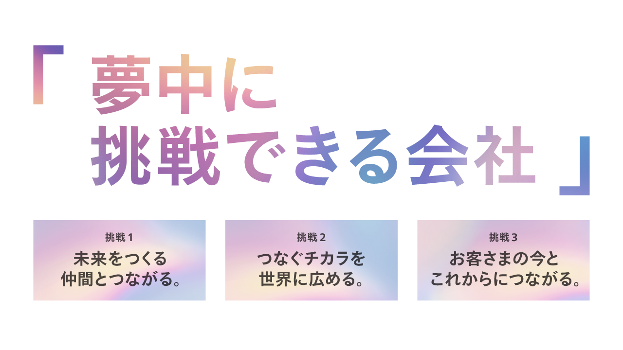 「夢中に挑戦できる会社」挑戦1. 未来をつくる仲間とつながる。挑戦2. つなぐチカラを世界に広める。挑戦3. お客さまの今とこれからにつながる。