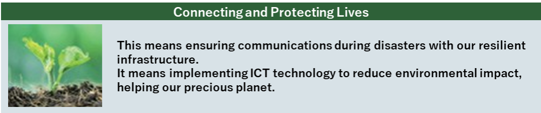 Connecting and Protecting Lives This means ensuring communications during disasters with our resilient infrastructure. It means implementing ICT technology to reduce environmental impact, helping our precious planet.
