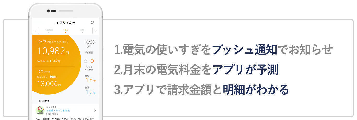 1.電気の使いすぎをプッシュ通知でお知らせ 2. 月末の電気料金をアプリが予測 3. アプリで請求金額と明細がわかる
