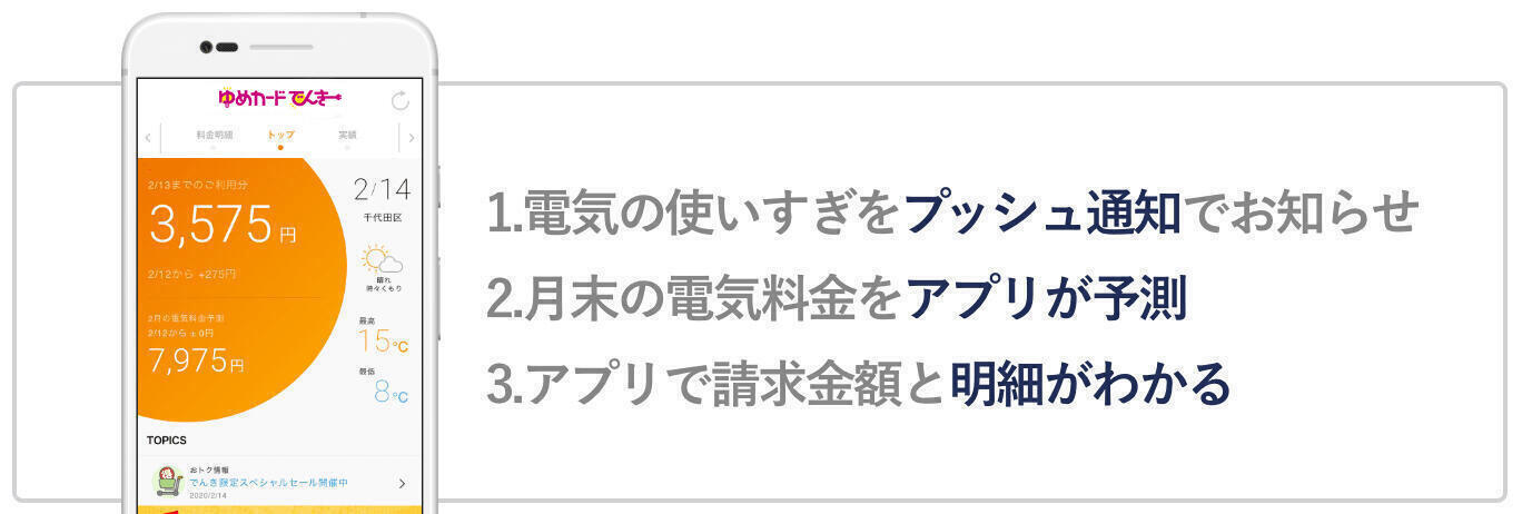 1.電気の使いすぎをプッシュ通知でお知らせ 2. 月末の電気料金をアプリが予測 3. アプリで請求金額と明細がわかる