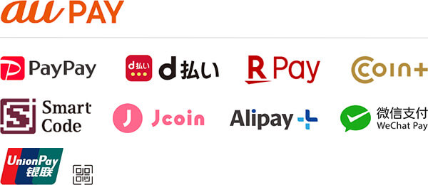 au PAY, PayPay, d払い, R Pay, coin+, SmartCode, Jcoin, Alipay, WeChat Pay, UnionPay