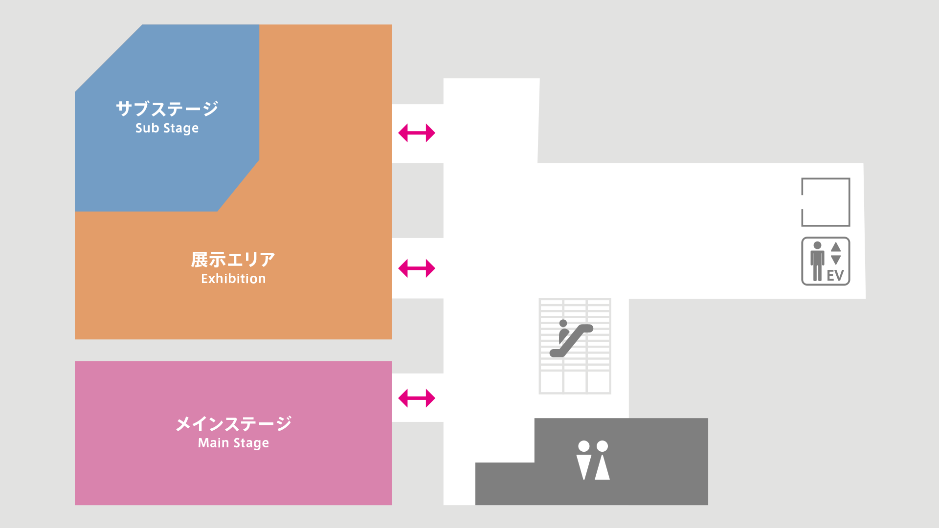 地下2階会場マップ。中央の通路から左側の各エリアに入場できます。左上にサブステージ（Sub Stage）、その周囲に展示エリア（Exhibition）、左下にメインステージ（Main Stage）があります。通路中央にエスカレーター、右側にエレベーター、下部にトイレがあります。